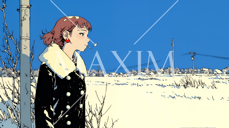 冬枯れの郊外の道を歩く若い女性