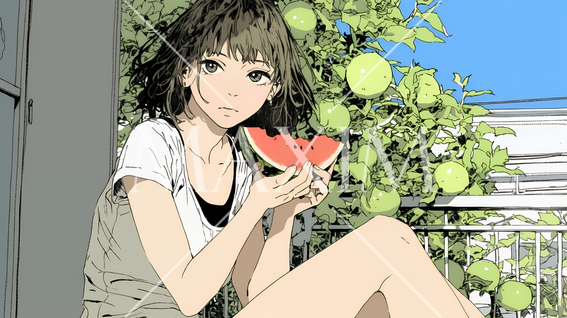 スイカを縁側で食べている若い女性