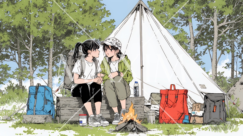 女友達と一緒にテントキャンプを楽しむ若い女性