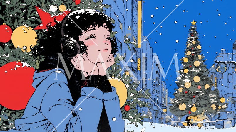 クリスマスイルミネーションが美しい街を散策する若い女性