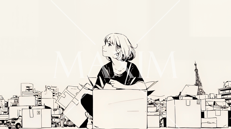 引っ越しの荷造り・荷解きをしている若い女性（シンプルな色使い）