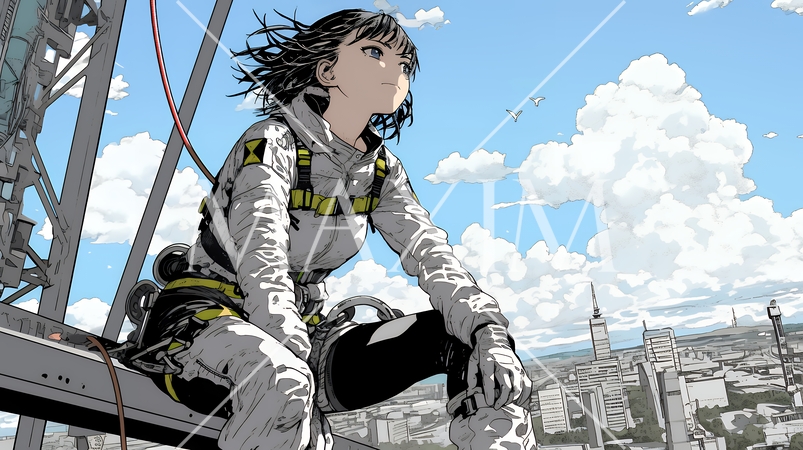 高所で作業をしている女性作業員