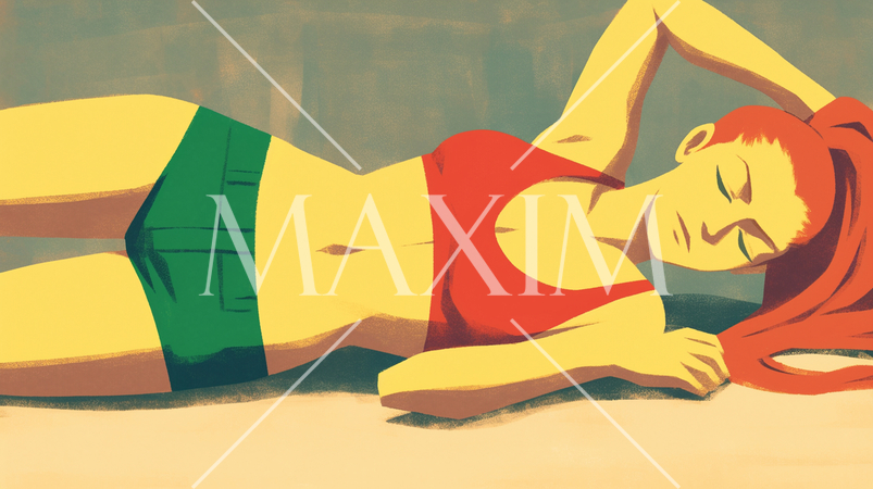 公園でビキニ姿で寝そべってトレーニングしている若い女性