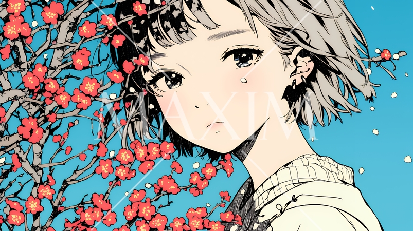 満開の梅の花と和服姿の若い女性