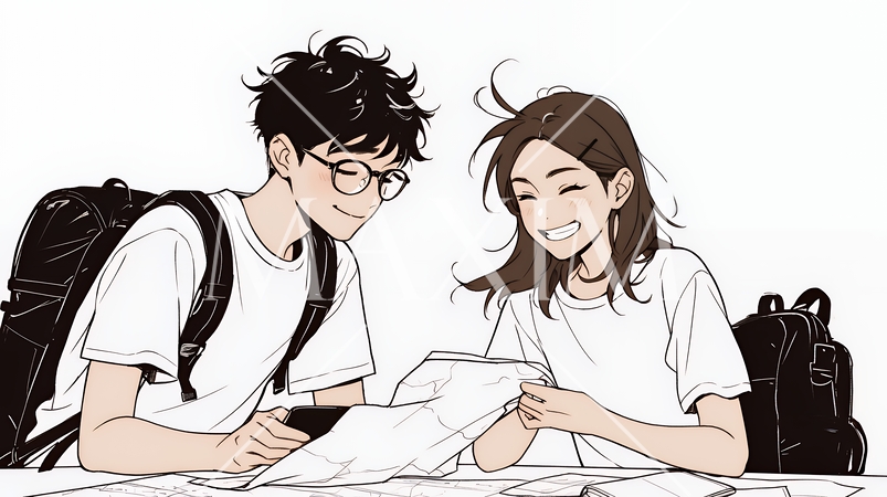 仲良く二人で旅行の計画を立てている若いカップル（シンプルな色使い）