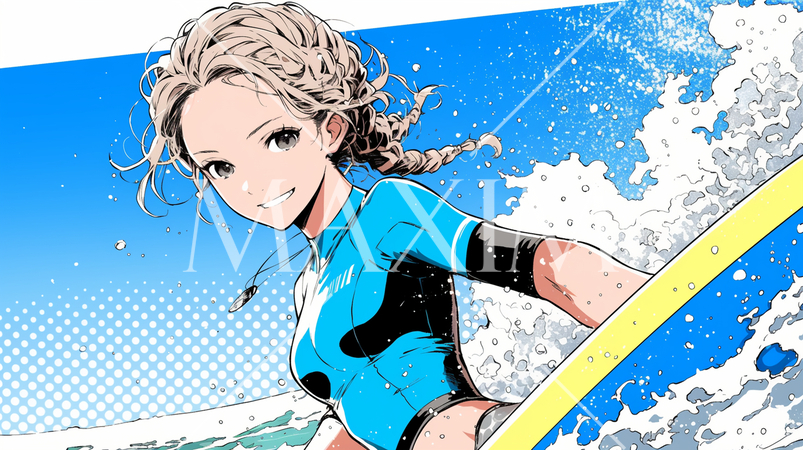 ライフセーバーもしくは南国の海で晴れた日にサーフィンをしている若い女性