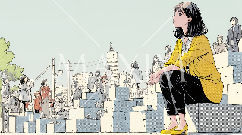 コンクリートブロックを積み上げているビジネスウーマン：計画の段階的積み重ねの比喩