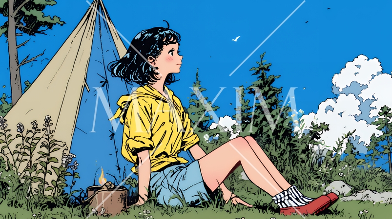 ソロキャンプを楽しんでいる若い女性