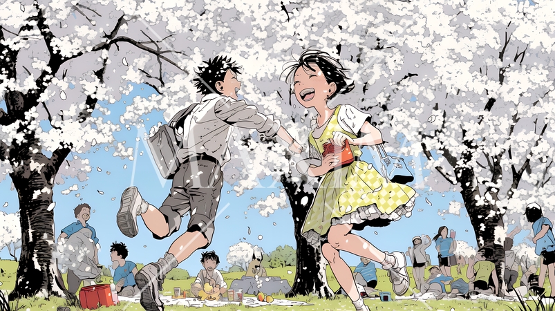 満開の桜の木の下で遊ぶ子供たち