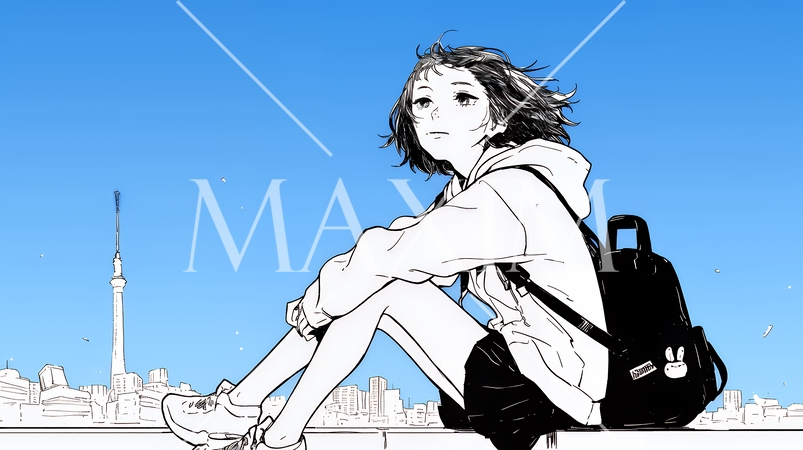 若い女性が佇む都市の街角（シンプルな色使い）