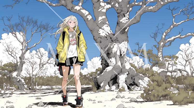 冬枯れの郊外の道を歩く若い女性