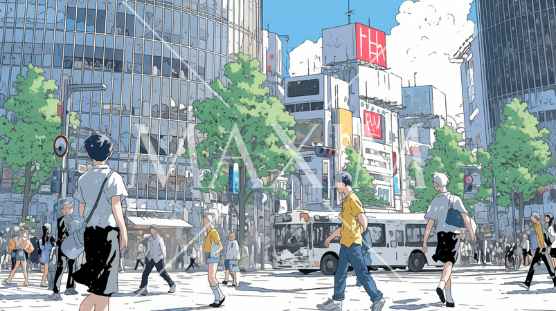 夏の日差しの中を行き交う都会の人々