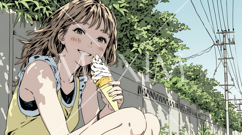 夏空の下でソフトクリーム（コーンに乗ったアイスクリーム）をたべる若い女性