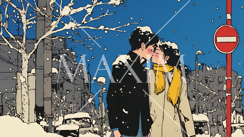 冬枯れ街をデートしている若い恋人たち