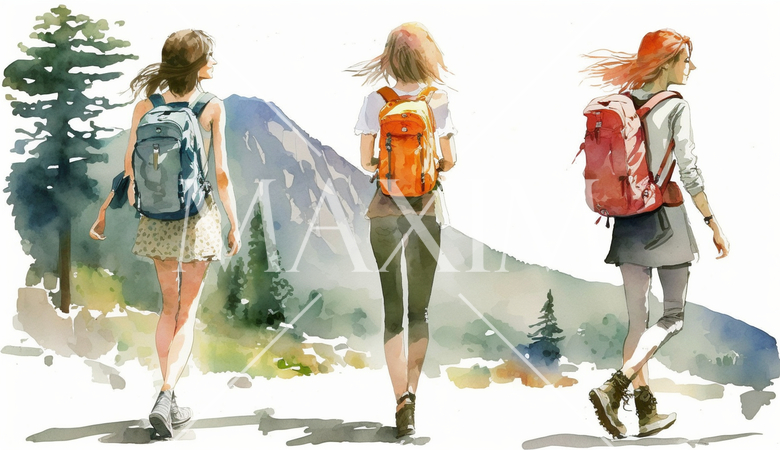 山にハイキングに来ている仲の良い若い女友達：水彩画