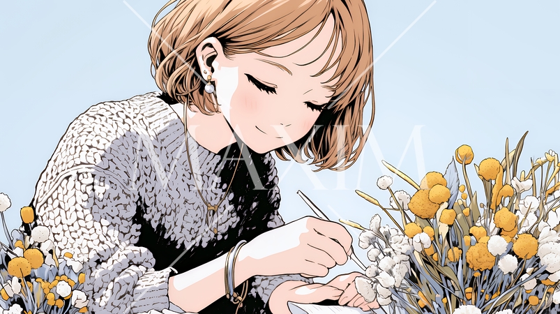 おもてなし（優しい心遣い）：来客のために花瓶に花を生ける若い女性