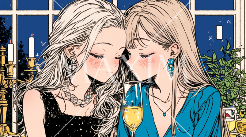 女子会：気の合う女友達が集まり、酒を交わし、おいしい食事をしながら、仕事の話や恋バナをしている