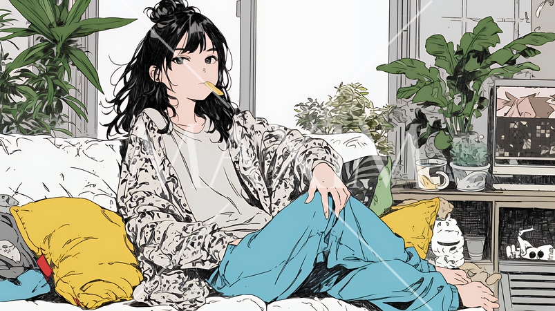 ポテトチップスをつまみながら、ひとりでビデオを観る若い女性