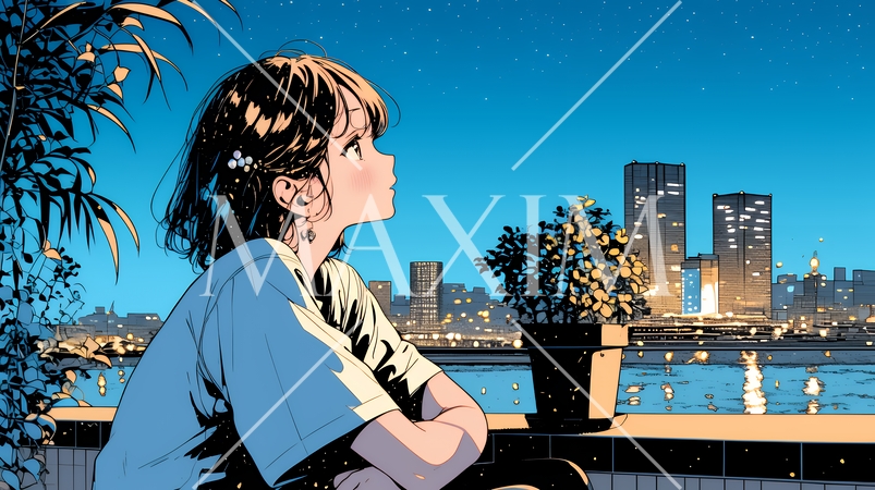 ベランダで夜風に当たりながら都会のランドスケープを眺め休む若い女性