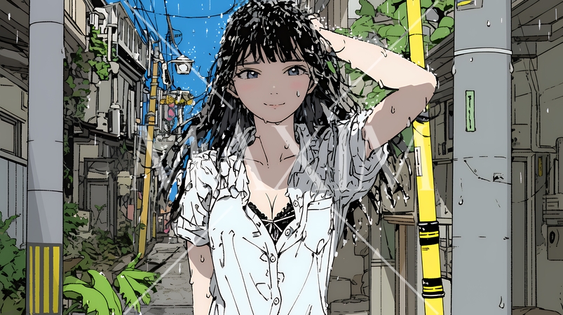 夏の急な雨でびしょ濡れの若い女性