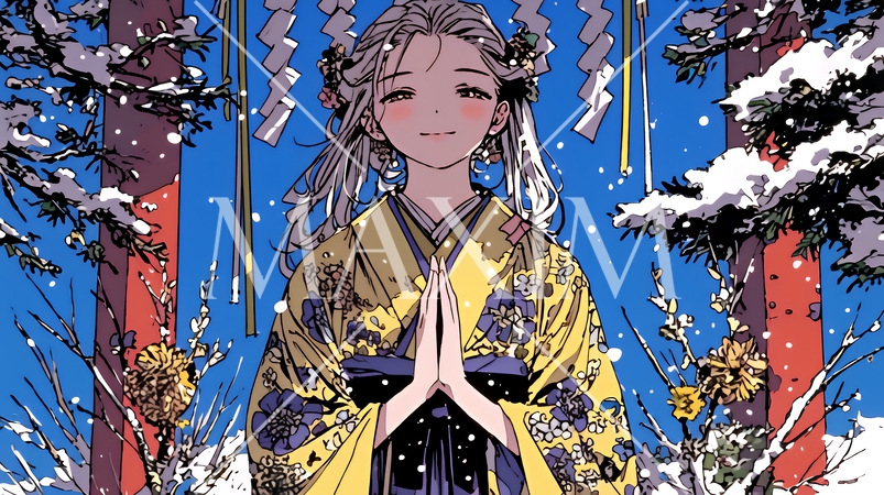 和服を着て初詣をしている若い女性