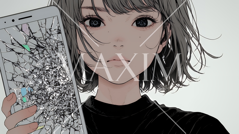 画面が壊れたスマホを手に持つ若い女性