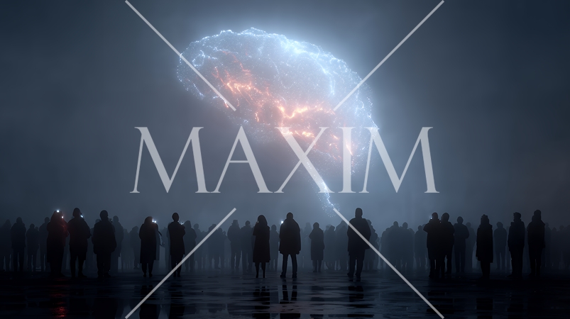 人々が抱く生成AIの抽象的なイメージ：人々が見上げる輝く脳がある