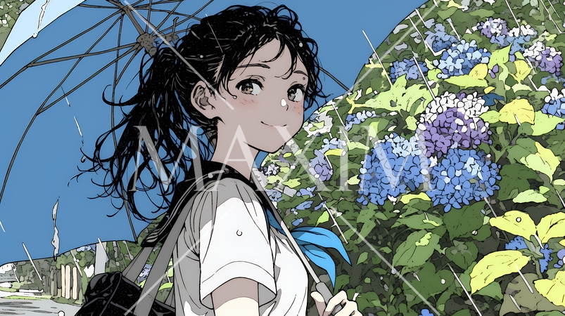 アジサイと梅雨の長雨と若い女性