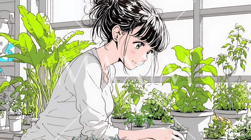 観葉植物の世話をする若い女性