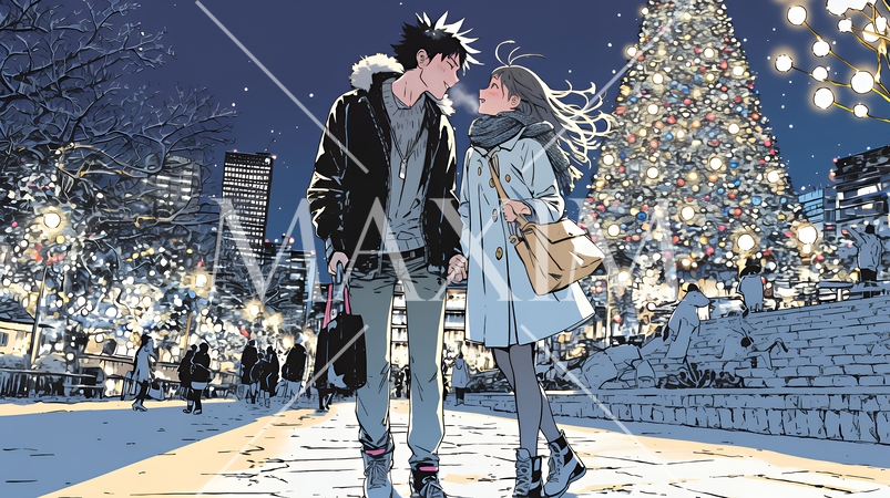 クリスマスイルミネーションの街でデートしているカップル