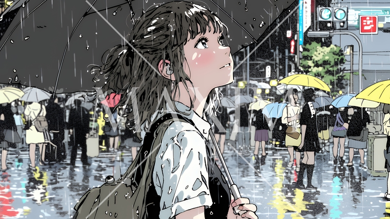 雨の中を傘をさして歩く若い女性