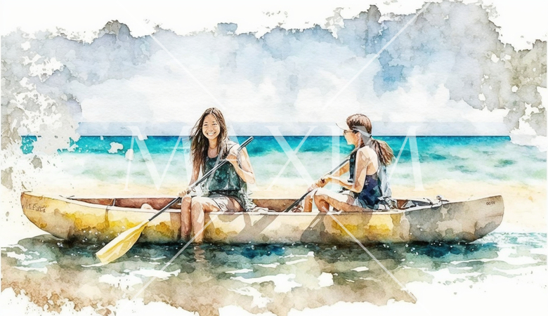 南国の島でカヤックを漕いでいる若い女友達たち