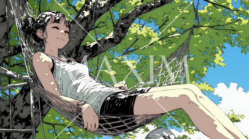 のんびり・ゆったり：夏の昼下がり木陰のハンモックで寛いでいる若い女性