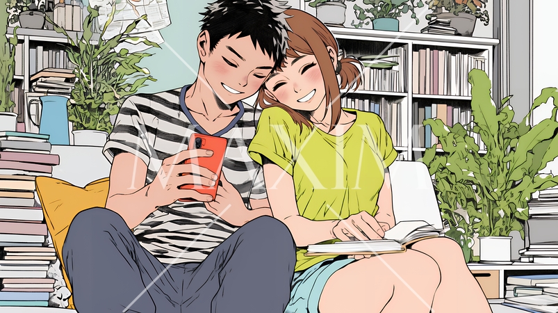 幸せそうに一緒にスマホを見る若いカップル