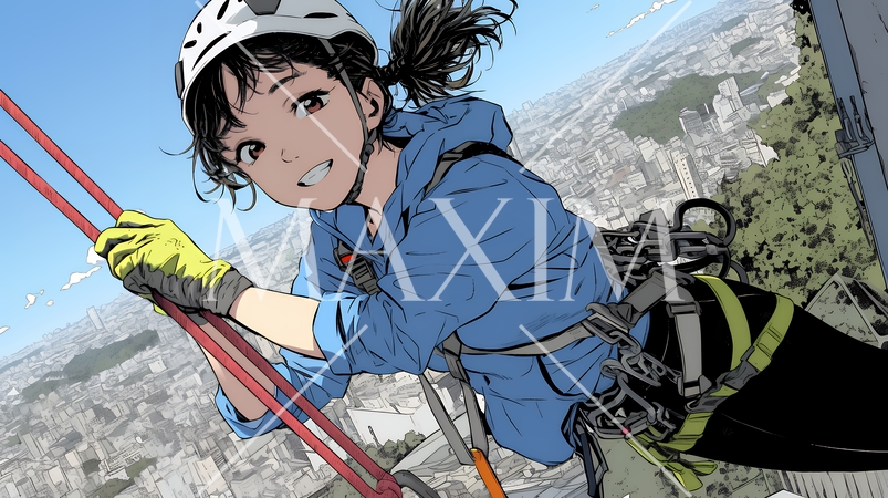 高所で作業をしている女性作業員