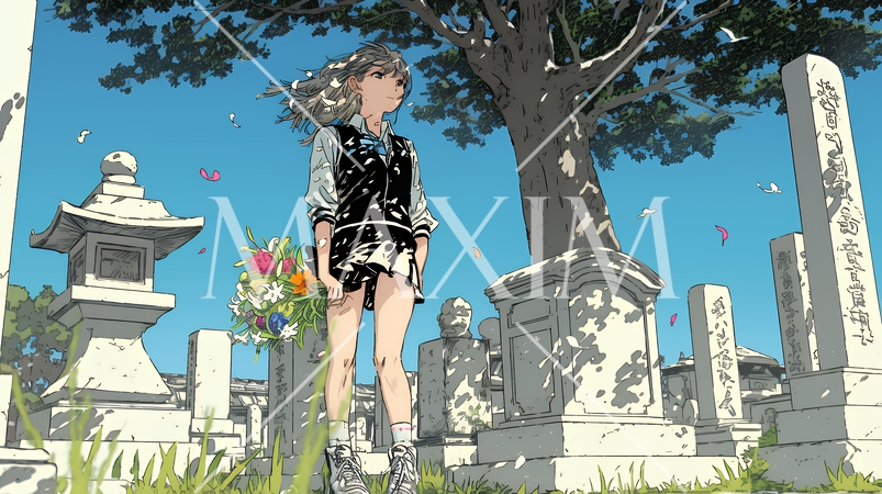 墓参りをしている若い女性