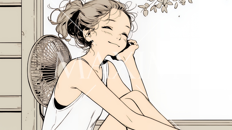 暑い夏の昼下がり、扇風機にあたって涼んでいる若い女性（シンプルな色使い）