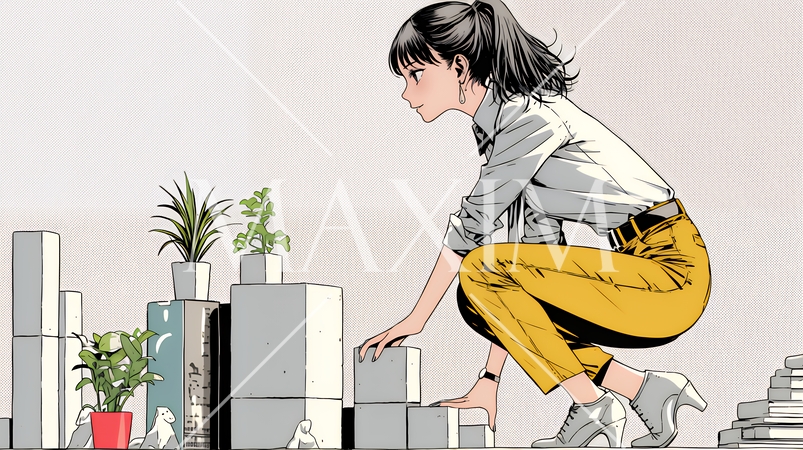 コンクリートブロックを積み上げているビジネスウーマン：計画の段階的積み重ねの比喩