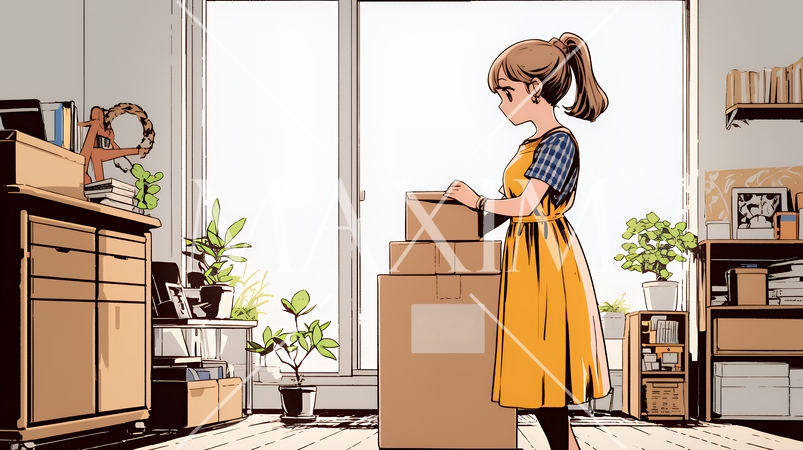 引っ越しの荷造り・荷解きをしている若い女性