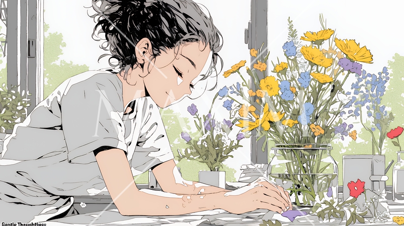 おもてなし（優しい心遣い）：来客のために花瓶に花を生ける若い女性