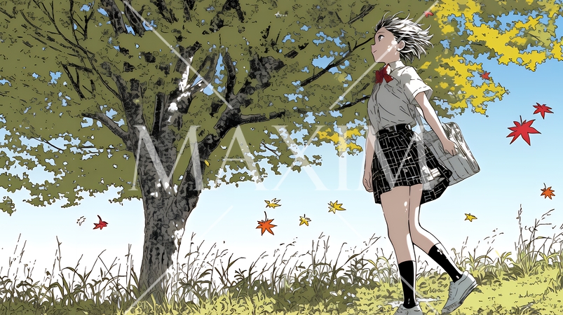 紅葉の小径を歩く若い女性