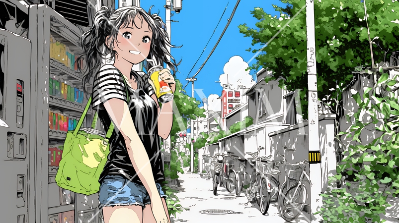 自動販売機で飲み物を購入する若い女性｜日常・ライフスタイル・屋外シーン