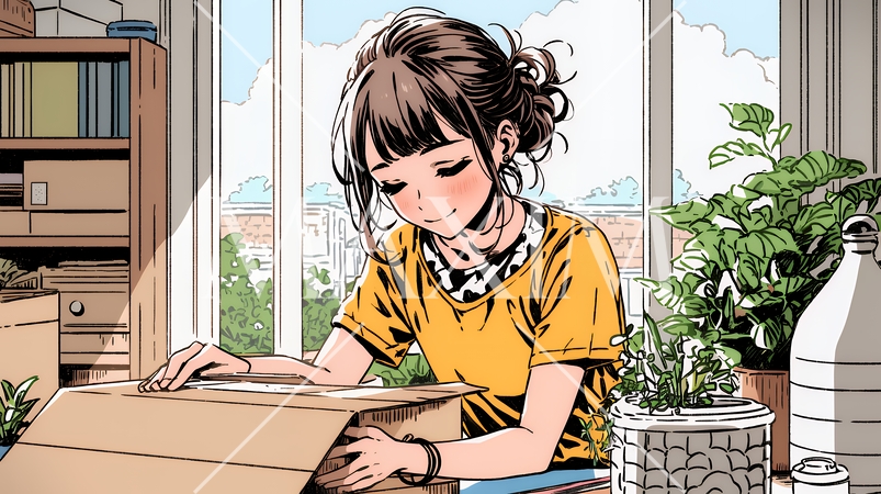 引っ越しの荷造り・荷解きをしている若い女性