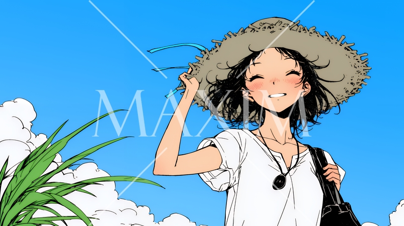 夏休みの思い出：海辺の町への一人旅（シンプルな色使い）