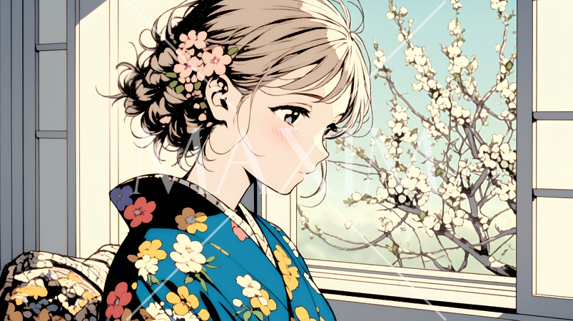 満開の梅の花と和服姿の若い女性