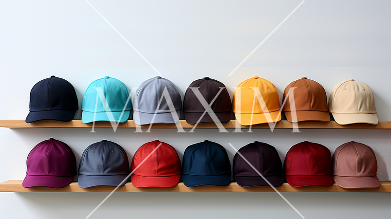 様々な色のキャップが壁に掛かっている背景画