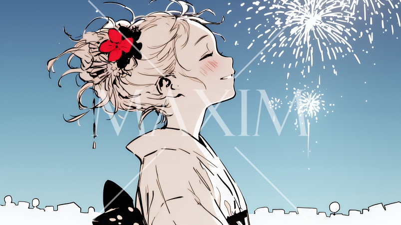 打ち上げ花火を見ている浴衣を着た若い女性（シンプルな色使い）