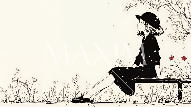 公園のベンチでひとり静かにくつろぐ若い女性（シンプルな色使い）