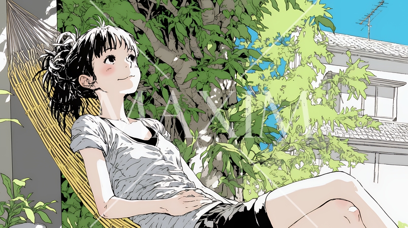 のんびり・ゆったり：夏の昼下がり木陰のハンモックで寛いでいる若い女性
