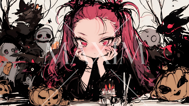 キモかわいいハロウィーンコスプレの女の子（クレヨンと水彩画風）